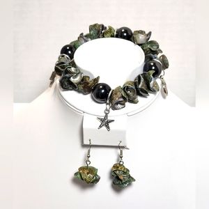 Beachy! Black Beaded Shell Silvertone Charm Bracelet and Hook Earring Set NWOT